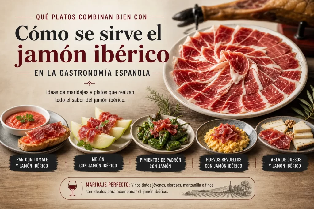 Infografía de tapas con jamón ibérico: plato grande de lonchas de jamón rodeado de aperitivos y texto sobre maridar jamón ibérico en español.