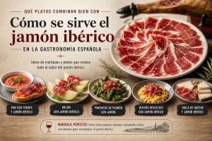 Infografía de tapas con jamón ibérico: plato grande de lonchas de jamón rodeado de aperitivos y texto sobre maridar jamón ibérico en español.