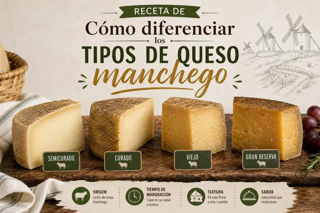 Cheese board showing four types of Manchego: Semicurado, Curado, Viejo, and Gran Reserva on a wooden plank.