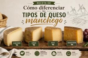 Cheese board showing four types of Manchego: Semicurado, Curado, Viejo, and Gran Reserva on a wooden plank.