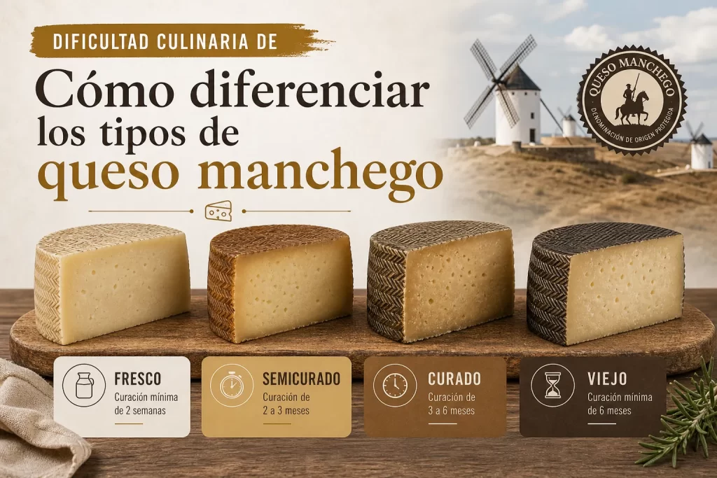 Infografía sobre quesos manchego: cuatro tipos de curación (Fresco, Semicurado, Curado, Viejo) con quesos en una tabla de degustación laja de madera.
