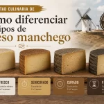 Infografía sobre quesos manchego: cuatro tipos de curación (Fresco, Semicurado, Curado, Viejo) con quesos en una tabla de degustación laja de madera.