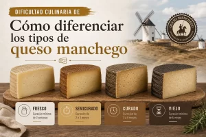 Infografía sobre quesos manchego: cuatro tipos de curación (Fresco, Semicurado, Curado, Viejo) con quesos en una tabla de degustación laja de madera.